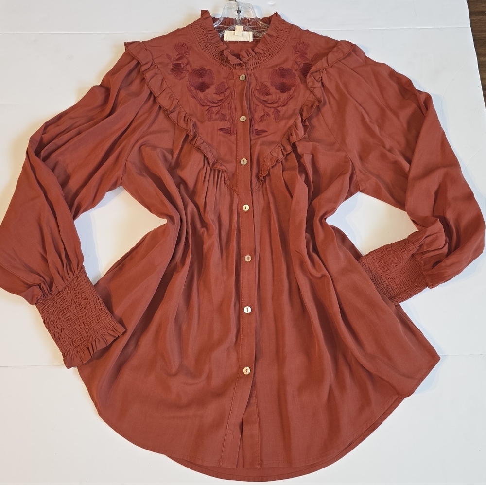 Sz S Listicle Rust Long Sleeves Shirt Embroidery Ruffles Pockets Floral Details - Picture 2 of 12
